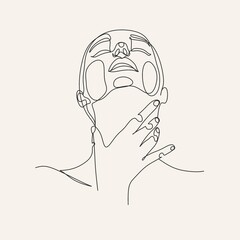 Beautyfull girl face. Attractive young woman portrait female beauty concept. Continuous one line drawing. Black and white illustration. Line Drawing. Beauty salon logo. Coloring book. Botanical print.