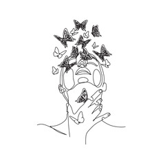 Woman face with butterfly by one line drawing. Abstract Portrait minimalistic style.  Botanical print. Nature symbol of cosmetics. Modern continuous line art.  Fashion print. Beaty salon art