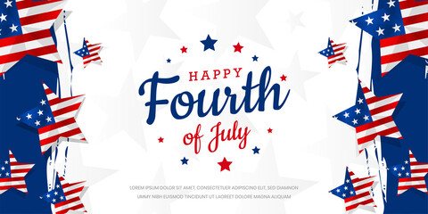 Obraz premium Happy Fourth of July trendy lettering design with stars on star shape USA flag background template. 