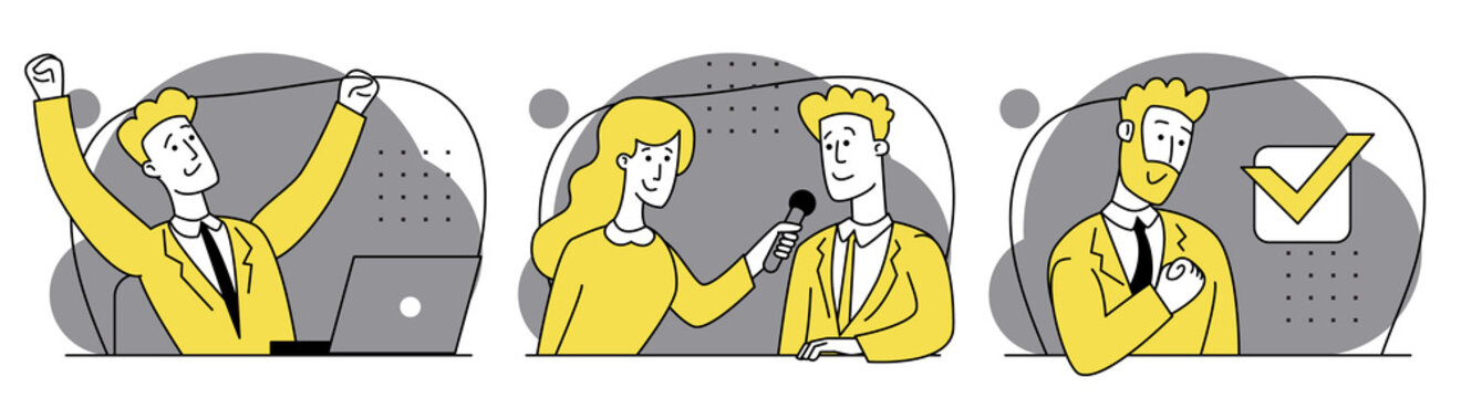 Job interview conversation. Happy man completed task and triumphing with raised hands. Successful well done work. Completed task. Collection of business scenes at office. Outline vector illustration.