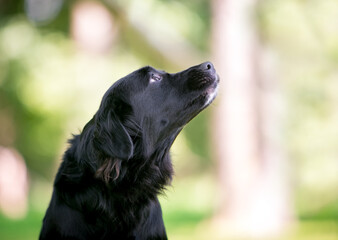 A black Flat-Coated Retriever mixed breed dog looking up at its owner out of frame