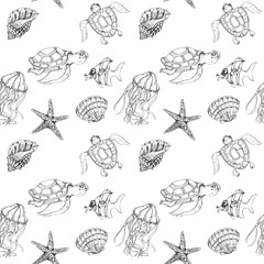 Undersea nautical  monochrome print sketch sea life vintage style seamless pattern 