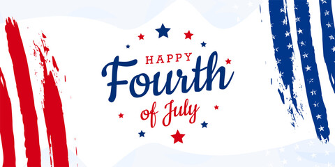 Happy Fourth of July trendy lettering design with stars on red and blue grunge brush stripes design used for sale banner, discount banner, advertisement banner, etc.
