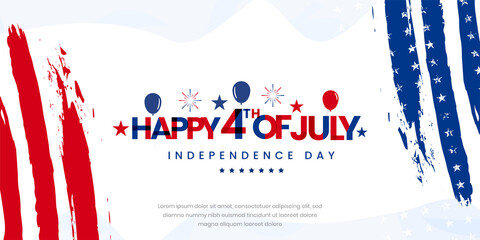 Happy 4th of July, USA independence day celebration text design with red, blue balloons, and fireworks on red and blue grunge brush stripes design.
