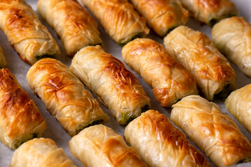 Turkish borek rolls with spinach and cheese on the white plate. A traditional Turkish pastry, Turkish name; rulo borek or sigara boregi. 
