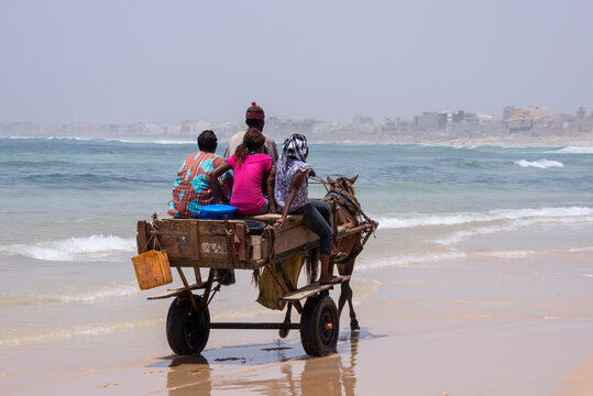 Carro de caballos circulando por las playas de Yoff en la costa de Dakar, Senegal