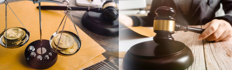 Business and lawyers discussing contract papers with brass scale on desk in office. Law, legal services, advice, justice and law concept picture with film grain effect