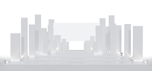 The stage has a backdrop various sizes of rectangular. Have a white LED screen, center and left-right, stage floor 3 steps, all white for the show. 3D render.