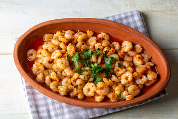 Tiny fried shrimp with sauce, Butter Casserole Shrimp (Turkish name; cimcim karides tava or Tereyağlı Güveç Karides)
