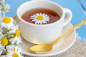 cup of herbal chamomile tea with fresh daisy flowers background, treatment and prevention of immune concept	
