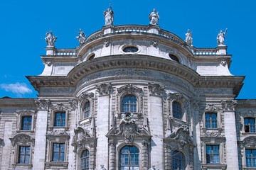 Fototapeta na wymiar The Palace of Justice was constructed in 1897 by the architect Friedrich von Thiersch in neo-baroque style at Karlsplatz. It houses the Bavarian Department of Justice and the District Court. Munich. 