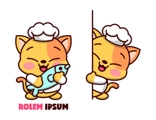 CUTE LITTLE CAT CHEF IN TWO DIFERENT ACTION AND SHOWING HAPPY FACE. HIGH QUALITY CARTOON MASCOT DESIGN.