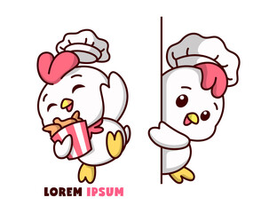 CUTE CHICKEN CHEF IN TWO DIFERENT ACTION IS BRINGING A BUCKET OF FRIED CHICKEN AND SHOWING AN HAPPY FACE. HIGH QUALITY CARTOON MASCOT DESIGN.
