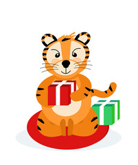 Obraz na płótnie Canvas A cheerful striped tiger sits and opens New Year's gifts, the symbol of 2022. Vector illustration isolated on a white background drawn by hand. For printing children's T-shirts, postcards.