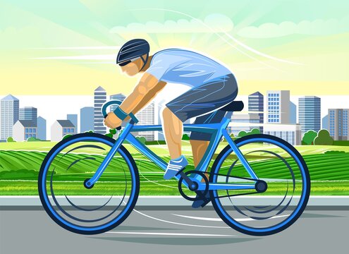 The boyin a helmet rides a bicycle. Cycling. Fitness and healthy lifestyle. Flat cartoon style. Against the backdrop of a park in a big city. Athletics. Illustration Vector