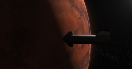 MED Spaceship rocket approaching planet Mars, space colonization concept. Realistic 3D rendering