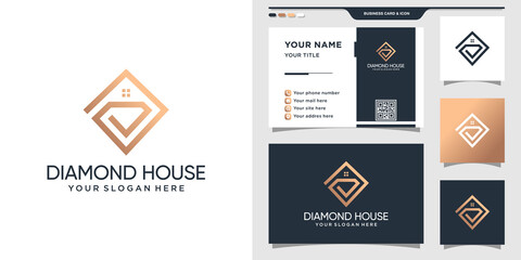 House and diamond logo for real estate, hotel and building. Logo icon and business card design Premium Vector