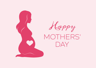 Happy Mother's Day greeting card with pregnant woman vector. Beautiful pregnant kneeling woman silhouette icon vector. Silhouette of pregnant woman with heart vector. Important day