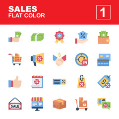 Icon set Sales made with flat color technique, contains a mortgage, warranty, shopping cart, transaction deal, marketing, discount and more. You can be used for web, mobile and ui. Editable stroke.