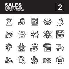 Icon set Sales made with outline black technique, contains a chart up, decreased, discount, sale, delivery, shop, big sale, trolley, and more. You can be used for web, mobile and ui. Editable stroke.