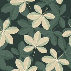 Obraz premium Botanic seamless pattern with doodle scheffler flowers elements. Green background. Random print.