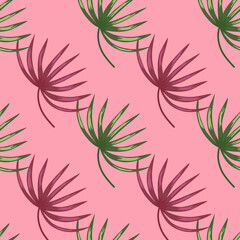 Seamless pattern with green and pink botanic leaf ornament. Pastel backround. Doodle print.