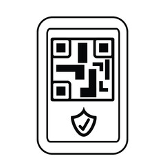 Thin line smartphone with a QR code and shield with checkmark icon vector image. Royalty-free.