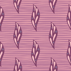 Fototapeta na wymiar Simple style botanic seamless pattern with abstract leaves elements print. Purple and pink striped background.