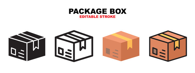 Package Box icon set with different styles. Icons designed in filled, outline, flat, glyph and line colored. Editable stroke and pixel perfect. Can be used for web, mobile, ui and more.