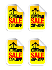 Summer Sale yellow sticker set. Sale 10%, 20%, 30%, 40% off. Island with palm trees. Vector illustration