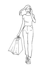 A beautiful girl goes shopping and talks on the phone. In the hands of the packages. Vector isolated outline illustration sketch on a white background