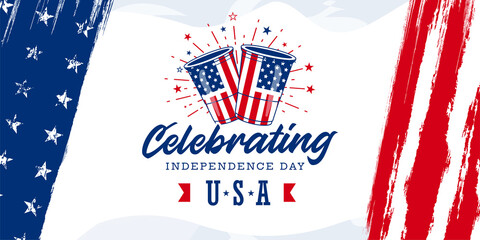 Simple Celebrating USA Independence day design with Beer and fireworks, on the USA, united states flag grunge brush stripe and stars template.
