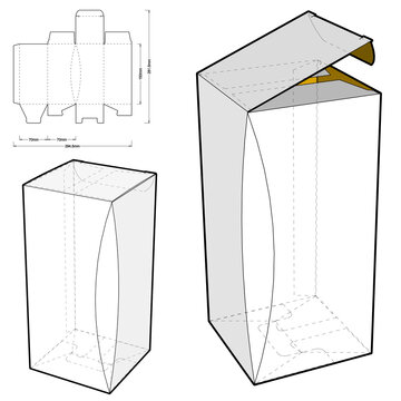 Chamfered Box (Internal measurement 7x7x15 cm) and Die-cut Pattern. EPS file is fully scalable. Prepared for real cardboard production.