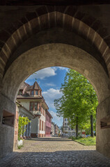 Basel, Switzerland - May 03, 2021: The ancient city Gate of Saint John (Sankt-Johanns-Tor). It is one of the most beautiful old gates in Basel.