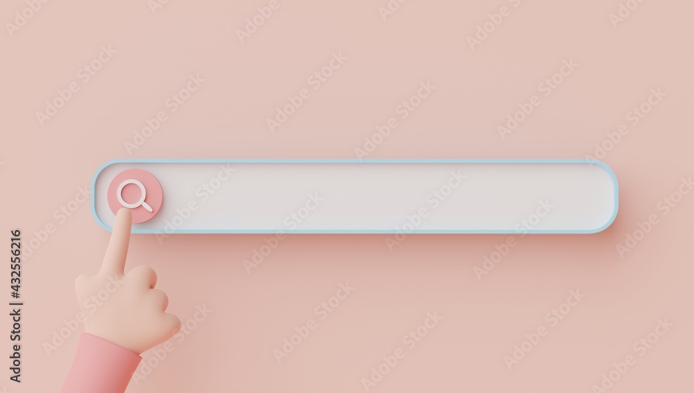 Poster 3d render of hand touching on minimal searching menu bar or blank banner magnifying with copy space 