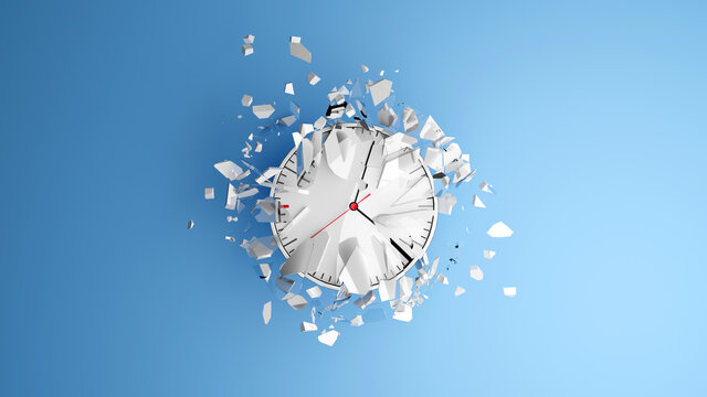 Deadline concept with simple style clocks smashed to pieces on a blue background. Abstract 3d illustration