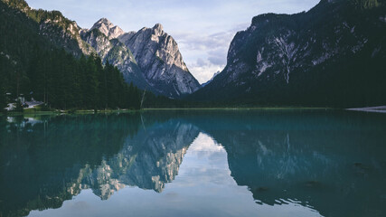 The beautiful Dobiacco lake in the Italian Dolomites