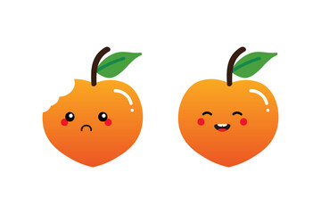 Couple of cartoon style peach fruit characters cute and smiling and sad with bite mark.
