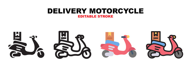 Delivery Motorcycle icon set with different styles. Icons designed in filled, outline, flat, glyph and line colored. Editable stroke and pixel perfect. Can be used for web, mobile, ui and more.
