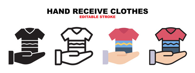 Hand Receive Clothes icon set with different styles. Icons designed in filled, outline, flat, glyph and line colored. Editable stroke and pixel perfect. Can be used for web, mobile, ui and more.
