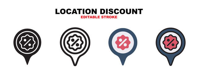 Location Discount icon set with different styles. Icons designed in filled, outline, flat, glyph and line colored. Editable stroke and pixel perfect. Can be used for web, mobile, ui and more.