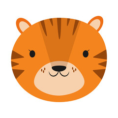 Cute baby tiger face portrait icon. Symbol of Chinese New Year 2022 in simple childish cartoon flat style. Vector illustration isolated on white background.