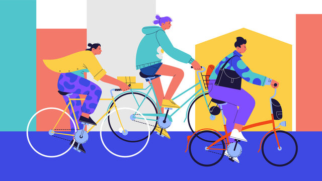 Flat illustration of three girls wearing casual clothes riding different kinds of bicycles on the street of a city
