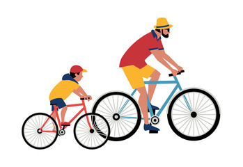 Obraz premium Dad, Son ride bicycle flat color vector. Father, baby kid cute cartoon design element. Family active sport leisure activity. Parent, child boy together summer adventure outdoor bicycling illustration