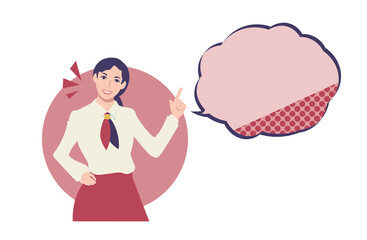 白いブラウス姿の笑顔の女性と吹き出し　人物ベクターイラスト