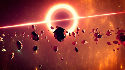 Supermassive black hole, it is a class of astronomical objects that have undergone gravitational collapse. Event horizon. Asteroid and debris in the space.  Asteroid rings around a planet. 3d render