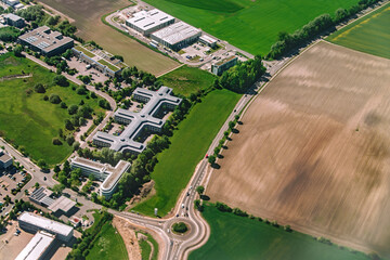 Fototapeta na wymiar Aerial view of agriculture fields and farms near Munich, Germany, May 2014