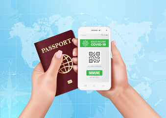 Basic travel documents during the Covid-19 pandemic. Hands holding a passport and a mobile phone with a health passport application indicating immune people vaccinated with Covid-19 vaccine.