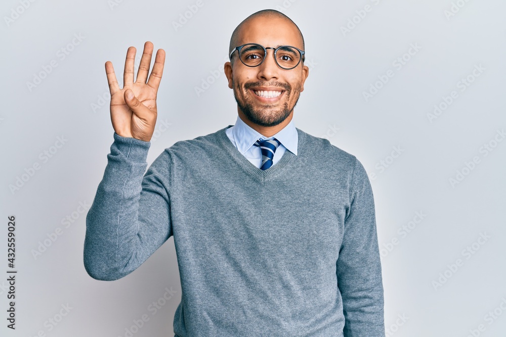 Poster Hispanic adult man wearing glasses and business style showing and pointing up with fingers number four while smiling confident and happy.