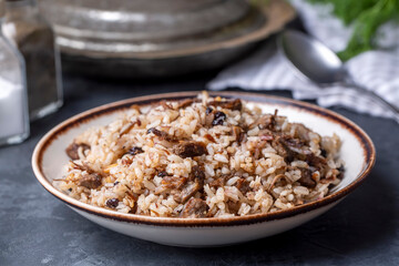 Traditional delicious Turkish food; rice pilaf with pine nuts and currants (Turkish name; ic pilav or pilaf)